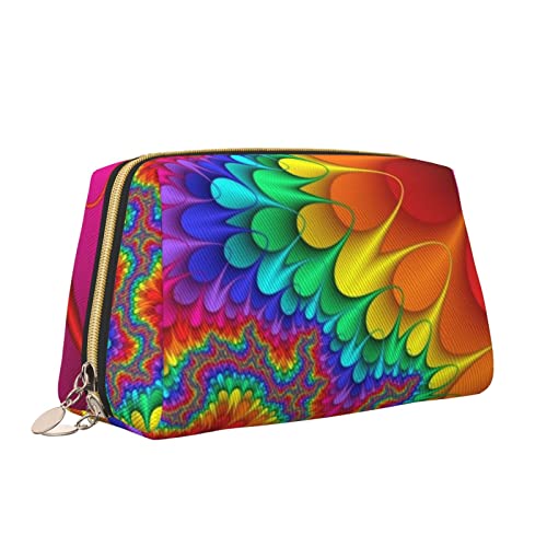 Elegante Reise-Kosmetiktasche aus Leder für Damen, Bunte, einzigartige Batikkunst und Regenbogenblume, wasserdichte Make-up-Tasche, Geldbörse, Kulturbeutel, Organizer-Etui mit Reißverschluss für Dame von Melbrakin