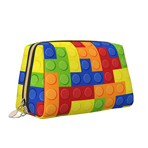 Elegante Reise-Kosmetiktasche aus Leder für Damen, Bunte Bausteine, wasserdichte Make-up-Tasche, Geldbörse, Kulturbeutel, Organizer-Etui mit Reißverschluss für Damen, Schmuck, Kosmetika, S von Melbrakin