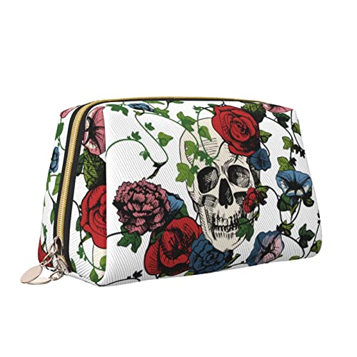 Elegante Reise-Kosmetiktasche aus Leder für Damen, Dia De Los Muertos Day Dead Rose Skulls, wasserdichte Make-up-Tasche, Geldbörse, Kulturbeutel, Organizer-Etui mit Reißverschluss für Damen, Schmuck, von Melbrakin