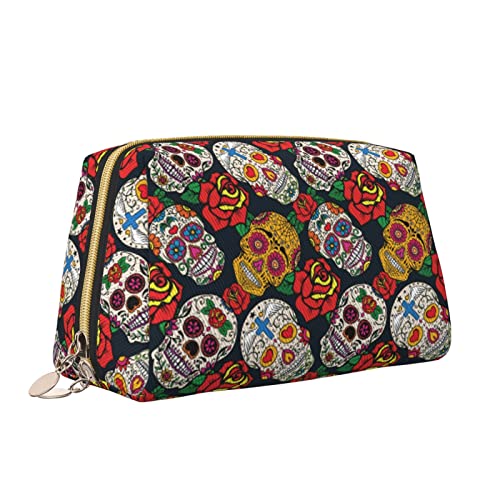 Elegante Reise-Kosmetiktasche aus Leder für Damen, Ethnische Totenköpfe und Rosen, wasserdichte Make-up-Tasche, Geldbörse, Kulturbeutel, Organizer-Etui mit Reißverschluss für Damen, Schmuck, Kosmetik von Melbrakin