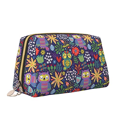 Elegante Reise-Kosmetiktasche aus Leder für Damen, Eulen mit Blumen, wasserdichte Make-up-Tasche, Geldbörse, Kulturbeutel, Organizer-Etui mit Reißverschluss für Damen, Schmuck, Kosmetika, S von Melbrakin