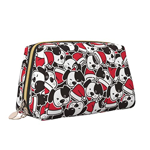 Elegante Reise-Kosmetiktasche aus Leder für Damen, Hund, Weihnachtsmütze, französische Bulldogge, Welpe, Totenkopfkopf, wasserdichte Make-up-Tasche, Geldbörse, Kulturbeutel, Organizer-Etui mit Reißve von Melbrakin