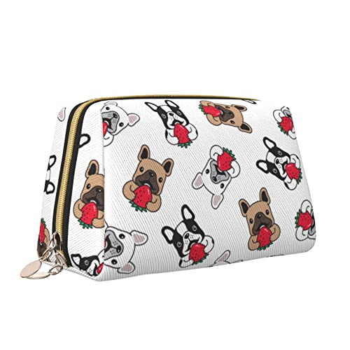 Elegante Reise-Kosmetiktasche aus Leder für Damen, Hund, französische Bulldogge, Erdbeere, wasserdichte Make-up-Tasche, Geldbörse, Kulturbeutel, Organizer-Etui mit Reißverschluss für Damen, Schmuck, von Melbrakin