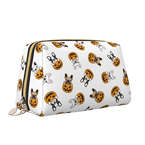 Elegante Reise-Kosmetiktasche aus Leder für Damen, Hund, französische Bulldogge, Kürbis, Halloween-Cartoon, wasserdichte Make-up-Tasche, Geldbörse, Kulturbeutel, Organizer-Etui mit Reißverschluss für von Melbrakin