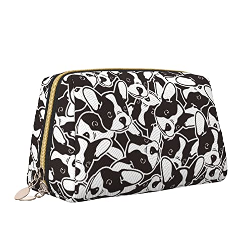 Elegante Reise-Kosmetiktasche aus Leder für Damen, Hundekopf, französische Bulldogge, Welpengesicht, Gekritzel, wasserdichte Make-up-Tasche, Geldbörse, Kulturbeutel, Organizer-Etui mit Reißverschluss von Melbrakin