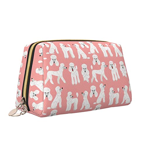 Elegante Reise-Kosmetiktasche aus Leder für Damen, Hundeposen, Rasse, Pudelmuster, wasserdichte Make-up-Tasche, Geldbörse, Kulturbeutel, Organizer-Etui mit Reißverschluss für Damen, Schmuck, Kosmetik von Melbrakin