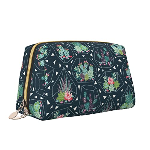 Elegante Reise-Kosmetiktasche aus Leder für Damen, Kaktus-Sukkulente, wasserdichte Make-up-Tasche, Geldbörse, Kulturbeutel, Organizer-Etui mit Reißverschluss für Damen, Schmuck, Kosmetika, S von Melbrakin