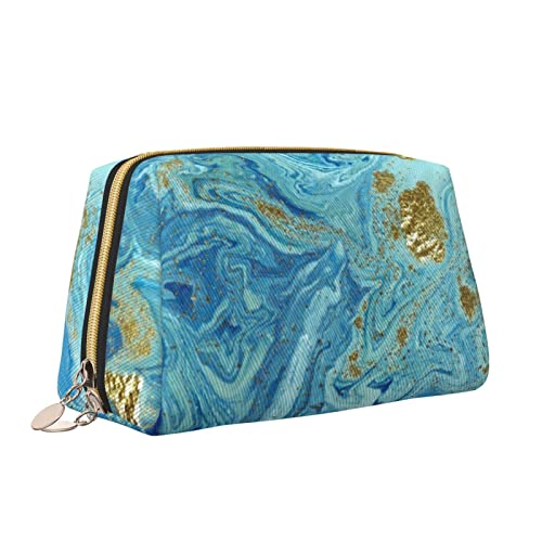 Elegante Reise-Kosmetiktasche aus Leder für Damen, Marmorblau-goldene wasserdichte Make-up-Tasche, Geldbörse, Kulturbeutel, Organizer-Etui mit Reißverschluss für Damen, Schmuck, Kosmetika, S von Melbrakin