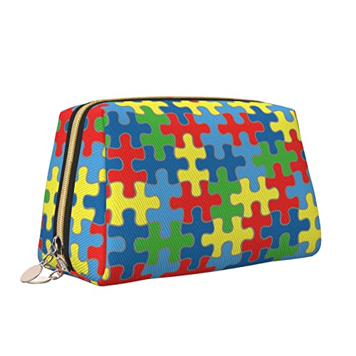 Elegante Reise-Kosmetiktasche aus Leder für Damen, Puzzle-Autismus-Bewusstsein, wasserdichte Make-up-Tasche, Geldbörse, Kulturbeutel, Organizer-Etui mit Reißverschluss für Damen, Schmuck, Kosmetik, S von Melbrakin