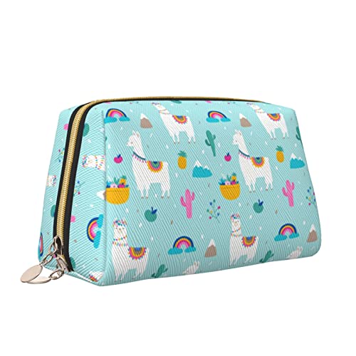 Elegante Reise-Kosmetiktasche aus Leder für Damen, Regenbogen-Lama-Alpaka-Kaktus-Blätter, wasserdichte Make-up-Tasche, Geldbörse, Kulturbeutel, Organizer-Etui mit Reißverschluss für Damen, Schmuck, K von Melbrakin