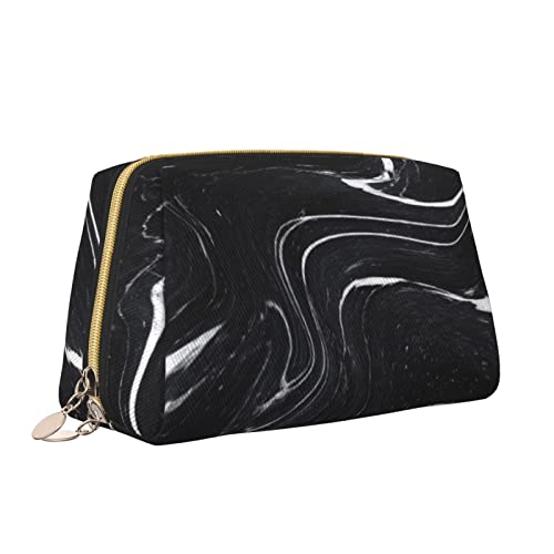 Elegante Reise-Kosmetiktasche aus Leder für Damen, Schwarze Marmor-Tintenstruktur, Acryl, bemalte Wellen, wasserdichte Make-up-Tasche, Geldbörse, Kulturbeutel, Organizer-Etui mit Reißverschluss für D von Melbrakin