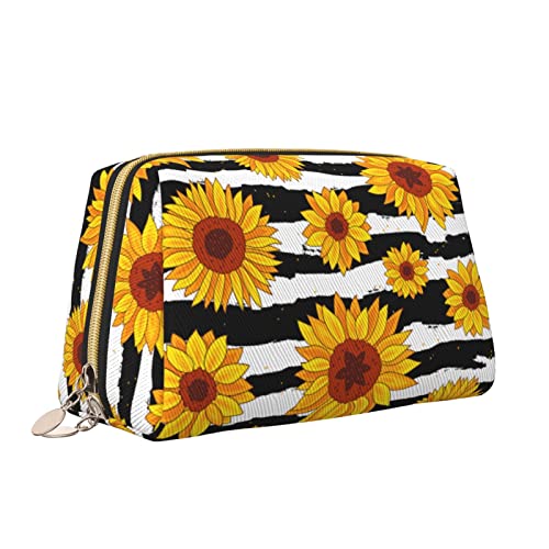 Elegante Reise-Kosmetiktasche aus Leder für Damen, Sonnenblumen-Schwarz-Weiß-Streifen, wasserdichte Make-up-Tasche, Geldbörse, Kulturbeutel, Organizer-Etui mit Reißverschluss für Damen, Schmuck, Kosm von Melbrakin