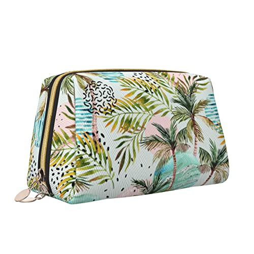 Elegante Reise-Kosmetiktasche aus Leder für Damen, Verschiedene Tropische Pflanzen, Kokospalmen, Palmenblätter, wasserdichte Make-up-Tasche, Geldbörse, Kulturbeutel, Organizer-Etui mit Reißverschluss von Melbrakin