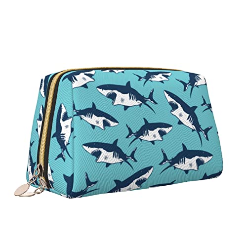 Elegante Reise-Kosmetiktasche aus Leder für Damen, Wilder brüllender Hai, Schwimmen, wasserdichte Make-up-Tasche, Geldbörse, Kulturbeutel, Organizer-Etui mit Reißverschluss für Damen, Schmuck, Kosmet von Melbrakin