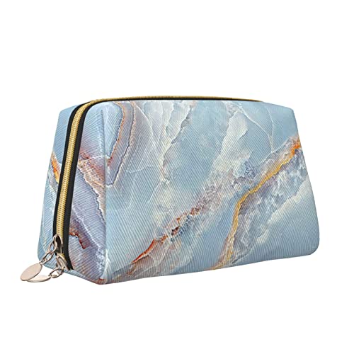 Elegante Reise-Kosmetiktasche aus Leder für Damen, blau-graue Marmorstruktur, wasserdichte Make-up-Tasche, Geldbörse, Kulturbeutel, Organizer-Etui mit Reißverschluss für Damen, Schmuck, Kosmetika, S von Melbrakin