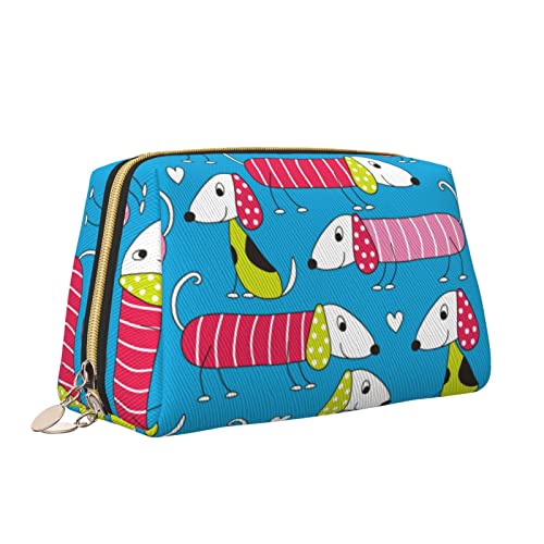 Elegante Reise-Kosmetiktasche aus Leder für Damen, bunter Hund, Dackel, wasserdichte Make-up-Tasche, Geldbörse, Kulturbeutel, Organizer-Etui mit Reißverschluss für Damen, Schmuck, Kosmetik, S von Melbrakin