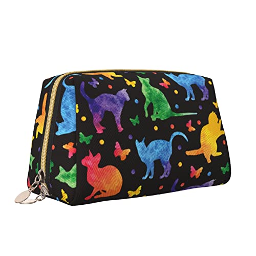 Elegante Reise-Kosmetiktasche aus Leder für Damen, bunter süßer Katzen-Schmetterling, runde Punkte, wasserdichte Make-up-Tasche, Geldbörse, Kulturbeutel, Organizer-Etui mit Reißverschluss für Damen, von Melbrakin