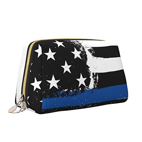 Elegante Reise-Kosmetiktasche aus Leder für Damen, dünne Blaue Linie, amerikanische Flagge, wasserdichte Make-up-Tasche, Geldbörse, Kulturbeutel, Organizer-Etui mit Reißverschluss für Damen, Schmuck, von Melbrakin