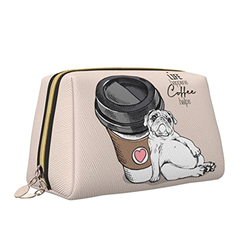 Elegante Reise-Kosmetiktasche aus Leder für Damen, große Plastiktasse Kaffee ruht niedlicher Mops, wasserdichte Make-up-Tasche, Geldbörse, Kulturbeutel, Organizer-Etui mit Reißverschluss für Damen, S von Melbrakin