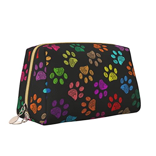 Elegante Reise-Kosmetiktasche aus Leder für Damen, handgezeichnete Bunte Pfotenabdrücke, wasserdichte Make-up-Tasche, Geldbörse, Kulturbeutel, Organizer-Etui mit Reißverschluss für Damen, Schmuck, Ko von Melbrakin