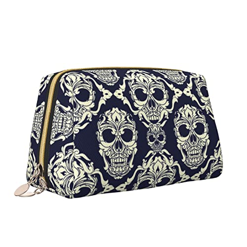 Elegante Reise-Kosmetiktasche aus Leder für Damen, lächelnder gruseliger Totenkopf und Spitze, wasserdichte Make-up-Tasche, Geldbörse, Kulturbeutel, Organizer-Etui mit Reißverschluss für Damen, Schmu Elegante Reise-Kosmetiktasche aus Leder für Damen, lächelnder gruseliger Totenkopf und Spitze, wasserdichte Make-up-Tasche, Geldbörse, Kulturbeutel, Organizer-Etui mit Reißverschluss für Damen, Schmu von Melbrakin