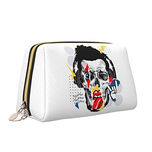 Elegante Reise-Kosmetiktasche aus Leder für Damen, menschlicher Schädel mit Augen, Lippen und Felsaufklebern, wasserdichte Make-up-Tasche, Geldbörse, Kulturbeutel, Organizer-Etui mit Reißverschluss f von Melbrakin