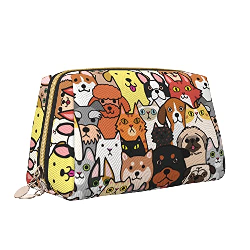 Elegante Reise-Kosmetiktasche aus Leder für Damen, niedlicher Doodle-Hund und Katze, wasserdichte Make-up-Tasche, Geldbörse, Kulturbeutel, Organizer-Etui mit Reißverschluss für Damen, Schmuck, Kosmet von Melbrakin
