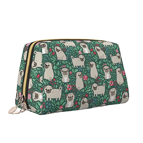 Elegante Reise-Kosmetiktasche aus Leder für Damen, niedlicher Mops-Hund, wasserdichte Make-up-Tasche, Geldbörse, Kulturbeutel, Organizer-Etui mit Reißverschluss für Damen, Schmuck, Kosmetika, S von Melbrakin