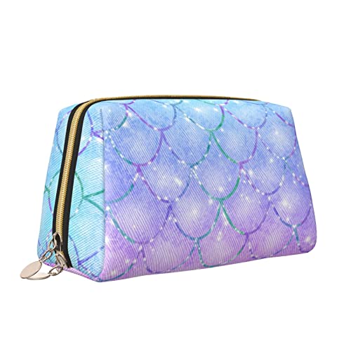 Elegante Reise-Kosmetiktasche aus Leder für Damen, rosa-Blaue Meerjungfrauenschuppen, wasserdichte Make-up-Tasche, Geldbörse, Kulturbeutel, Organizer-Etui mit Reißverschluss für Damen, Schmuck, Kosme von Melbrakin