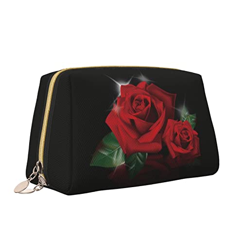 Elegante Reise-Kosmetiktasche aus Leder für Damen, rote Rosen, Bling, wasserdichte Make-up-Tasche, Geldbörse, Kulturbeutel, Organizer-Etui mit Reißverschluss für Damen, Schmuck, Kosmetika, S von Melbrakin