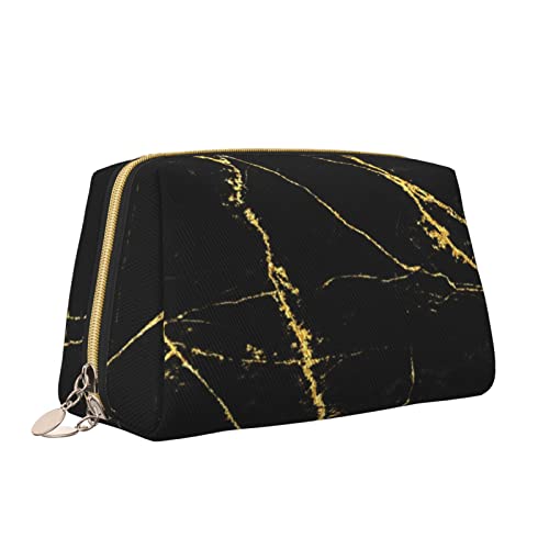 Elegante Reise-Kosmetiktasche aus Leder für Damen, schwarzer Marmor mit geometrischem Goldmuster, wasserdichte Make-up-Tasche, Geldbörse, Kulturbeutel, Organizer-Etui mit Reißverschluss für Damen, Sc von Melbrakin