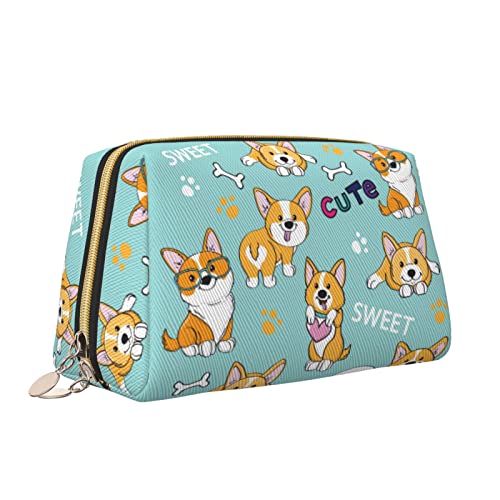 Elegante Reise-Kosmetiktasche aus Leder für Damen, süße Hunde, Corgi auf Blau, wasserdichte Make-up-Tasche, Geldbörse, Kulturbeutel, Organizer-Etui mit Reißverschluss für Damen, Schmuck, Kosmetik, S von Melbrakin