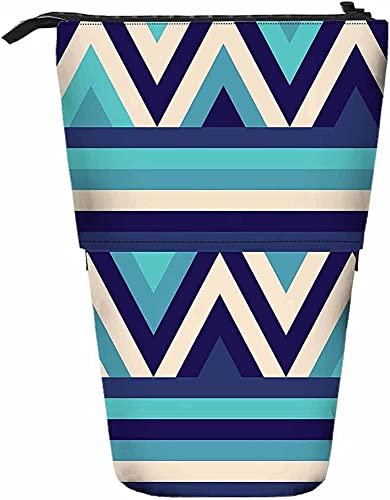 Ethnisches Zickzack-Muster, Teleskop-Bleistift-Briefpapieretui, Stifte-Aufbewahrungsbox mit Reißverschluss für Damen, Herren, Jungen, Mädchen, Chevron-Streifen, Ornament, Marineblau, gestrickt, geome von Melbrakin