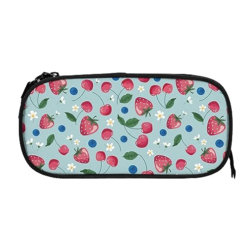Federmäppchen mit Erdbeer-, Kirsch-, Blaubeer- und Blumenmotiv, großes Fassungsvermögen, Stifthalter, Bleistiftbeutel, Box, Organizer, Reißverschluss, Kosmetik- und Make-up-Aufbewahrungstasche von Melbrakin
