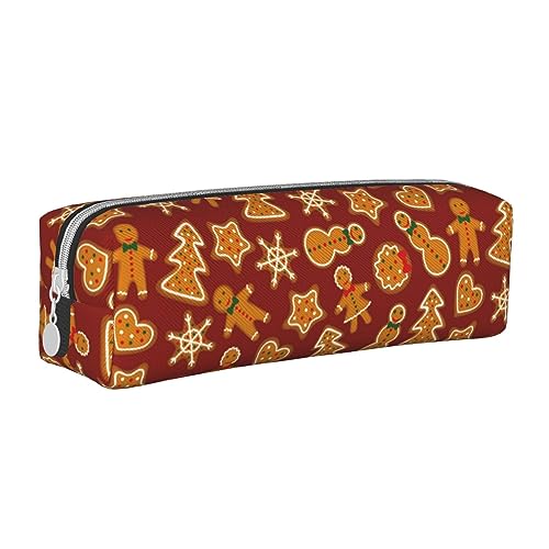 Federmäppchen mit Weihnachts-Lebkuchen-Schneeflocke auf dunkelrotem Federmäppchen, Stifthalter, Leder, Bleistiftbeutel, Box, Organizer, Reißverschluss, Kosmetik, Make-up, Aufbewahrungstasche von Melbrakin