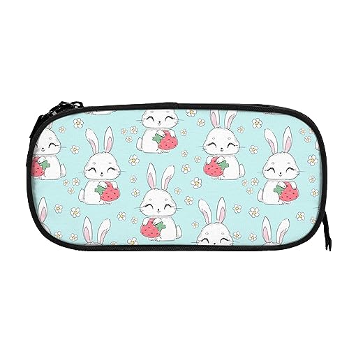 Federmäppchen mit niedlichem Häschen-Erdbeer-Gänseblümchen-Druck, großes Fassungsvermögen, Stifthalter, Bleistiftbeutel, Box, Organizer, Reißverschluss, Kosmetik, Make-up, Aufbewahrungstasche Federmäppchen mit niedlichem Häschen-Erdbeer-Gänseblümchen-Druck, großes Fassungsvermögen, Stifthalter, Bleistiftbeutel, Box, Organizer, Reißverschluss, Kosmetik, Make-up, Aufbewahrungstasche von Melbrakin