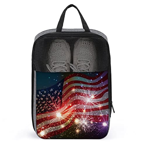 Feuerwerk 4. Juli Unabhängigkeitstag Schuhbeutel für die Reise, Schuhbeutel, wasserdicht, große Schuhaufbewahrungstasche für Männer und Frauen, Reisekoffer, Schuh-Organizer mit Reißverschluss und Net von Melbrakin