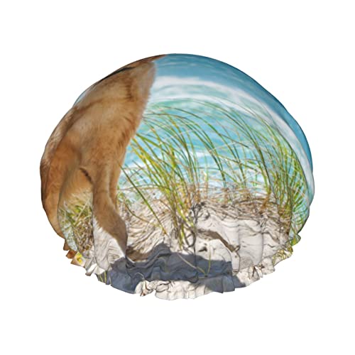 Golden Retriever Dune Tropical Beach, große Duschhaube für Damen und Herren, wiederverwendbare Duschhauben, wasserdichte Duschhaube für Zöpfe und langes Haar, Duschhaube mit Peva-Futter und elastisch von Melbrakin