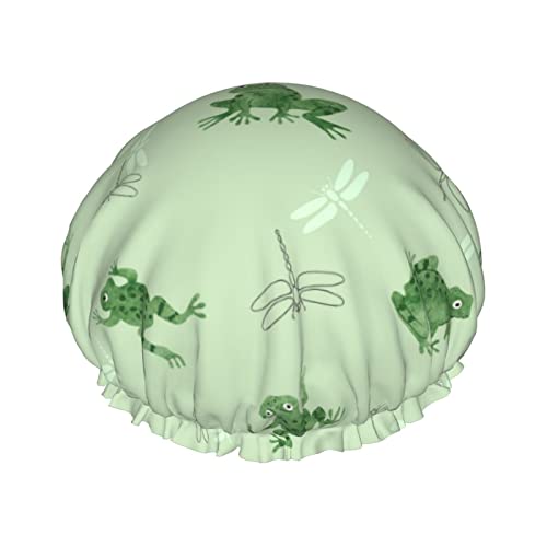 Große Duschhaube mit Aquarell-Frosch-Motiv für Damen und Herren, wiederverwendbar, wasserdichte Duschhaube für Zöpfe und langes Haar, Duschhaube mit Peva-Futter und elastischem Band, modische Duschha von Melbrakin