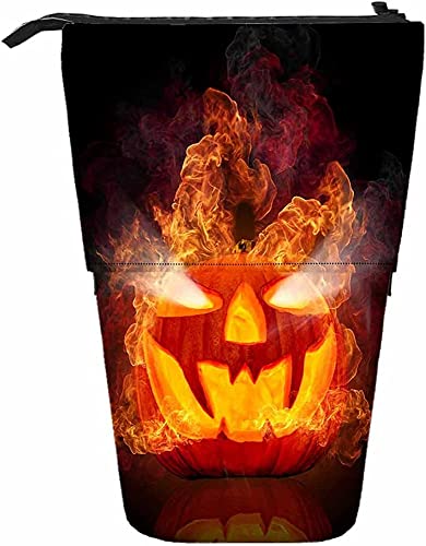 Kürbis-Teleskop-Bleistift-Briefpapieretui, Stifte-Aufbewahrungsbox mit Reißverschluss für Damen, Herren, Jungen, Mädchen, brennendes Halloween-Feuer, gruseliges, geschnitztes Gesicht, dunkle Angst, H von Melbrakin