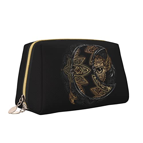 Leder-Make-up-Tasche mit Reißverschluss für Damen, Boho-Chic-Tattoo, Goldener Mond und Sonne, Astrologie, Kosmetiktasche, Kulturbeutel, niedlicher wasserdichter Make-up-Koffer, Reise-Organizer für Ac von Melbrakin