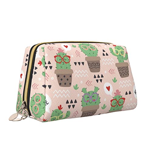 Leder-Make-up-Tasche mit Reißverschluss für Damen, Cartoon-lustiger Kaktus, trägt Brille, lächelndes Tanzen, Kosmetiktasche, Kulturbeutel, niedlicher wasserdichter Make-up-Koffer, Reise-Organizer für Leder-Make-up-Tasche mit Reißverschluss für Damen, Cartoon-lustiger Kaktus, trägt Brille, lächelndes Tanzen, Kosmetiktasche, Kulturbeutel, niedlicher wasserdichter Make-up-Koffer, Reise-Organizer für von Melbrakin