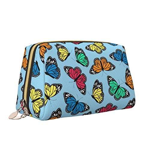 Leder-Make-up-Tasche mit Reißverschluss für Damen, Fliegende Bunte Schmetterlinge, Kosmetiktasche, Kulturbeutel, niedlicher wasserdichter Make-up-Koffer, Reise-Organizer für Accessoires, Toilettenart von Melbrakin