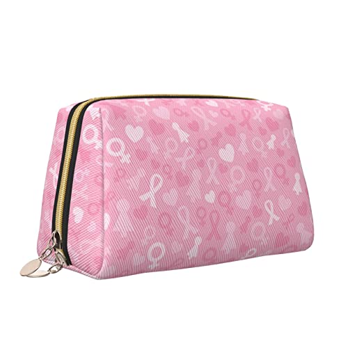 Leder-Make-up-Tasche mit Reißverschluss für Damen, Hellrosa Band, Brustkrebs-Kosmetiktasche, Kulturbeutel, niedliches wasserdichtes Make-up-Etui, Reise-Organizer für Accessoires, Toilettenartikel, Ge von Melbrakin