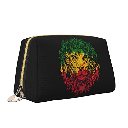 Leder-Make-up-Tasche mit Reißverschluss für Damen, Löwenkopf, grün, gelb, rot, Kosmetiktasche, Kulturbeutel, niedlicher wasserdichter Make-up-Koffer, Reise-Organizer für Accessoires, Toilettenartikel von Melbrakin