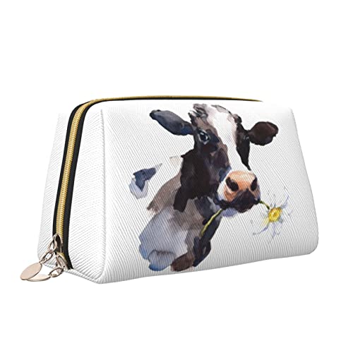 Leder-Make-up-Tasche mit Reißverschluss für Damen, Milchkuh mit Chrysanthemen-Blumen-Kosmetiktasche, Kulturbeutel, niedlicher wasserdichter Make-up-Koffer, Reise-Organizer für Accessoires, Toilettena von Melbrakin