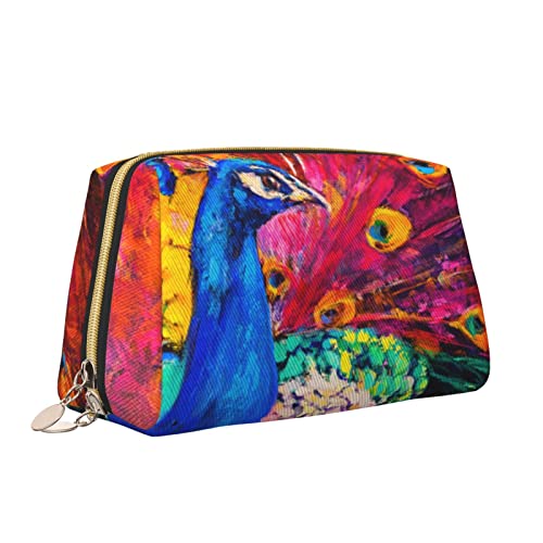 Leder-Make-up-Tasche mit Reißverschluss für Damen, Ölgemälde, Pfau, Kosmetiktasche, Kulturbeutel, niedlich, wasserdicht, Make-up-Etui, Reise-Organizer für Accessoires, Toilettenartikel, Geschenke, S von Melbrakin