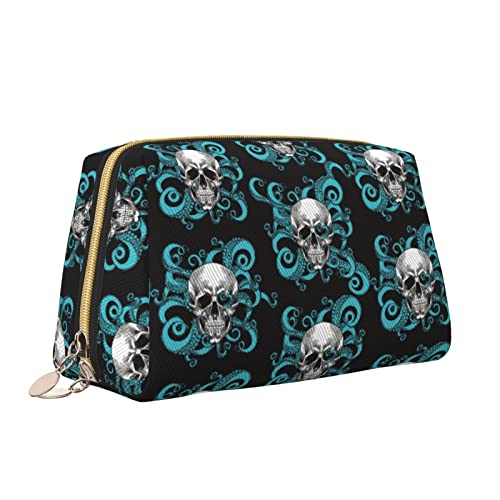 Leder-Make-up-Tasche mit Reißverschluss für Damen, Totenkopf-Tentakel des Oktopus, Kosmetiktasche, Kulturbeutel, niedlicher wasserdichter Make-up-Koffer, Reise-Organizer für Accessoires, Toilettenart von Melbrakin