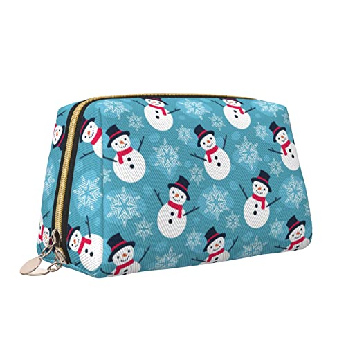 Leder-Make-up-Tasche mit Reißverschluss für Damen, Weihnachts-Schneemann-Schneeflocke, Kosmetiktasche, Kulturbeutel, niedlicher wasserdichter Make-up-Koffer, Reise-Organizer für Accessoires, Toilette von Melbrakin