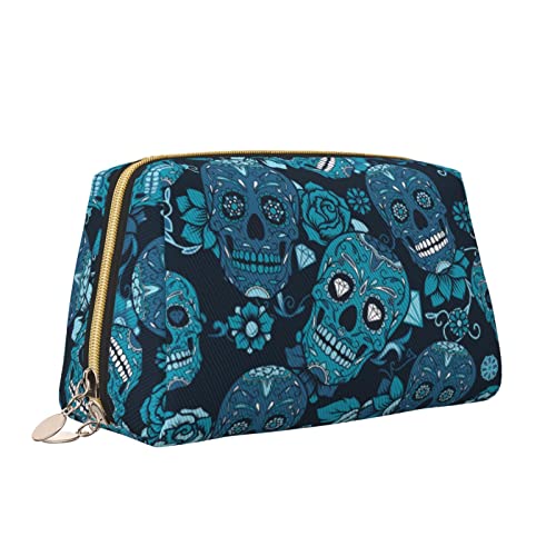 Leder-Make-up-Tasche mit Reißverschluss für Damen, blaugrüner Blumenschädel, Kosmetiktasche, Kulturbeutel, niedlicher wasserdichter Make-up-Koffer, Reise-Organizer für Accessoires, Toilettenartikel, von Melbrakin